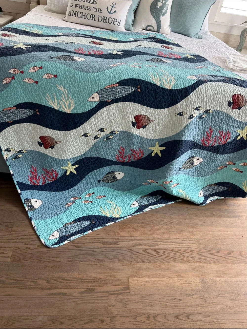 Sea Life Quilted Bedspread in Aqua Blue